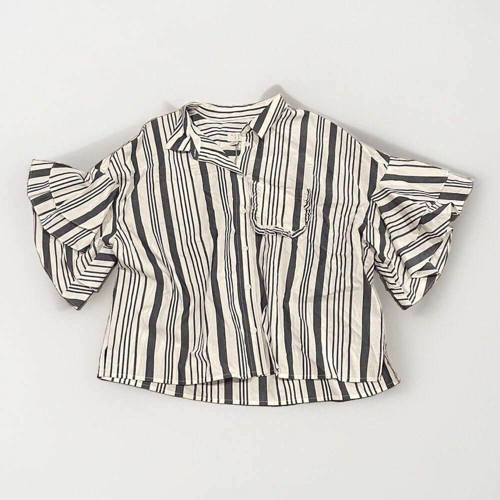 A New Day Blue Striped Top Size XXL Ruffle Sleeve NWT Button Up Boxy 2XL